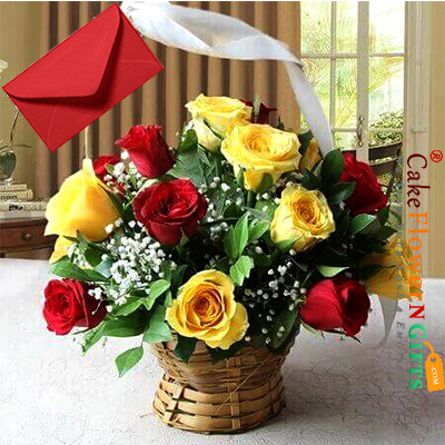 send 15 red yellow roses basket delivery